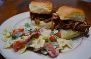 Um. These were awesome. And super easy. Pot Roast Sliders (in the crock pot) and BLT Pasta Salad.