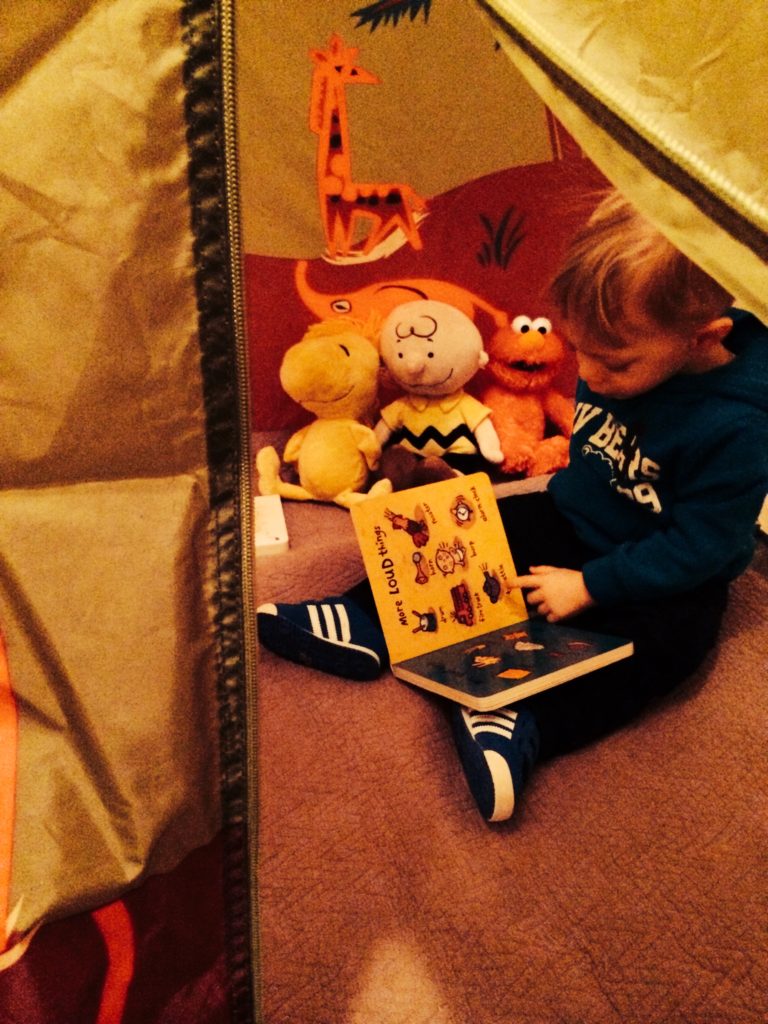 A peek inside his tent. The only one missing from the lineup is his beloved Snoopy.